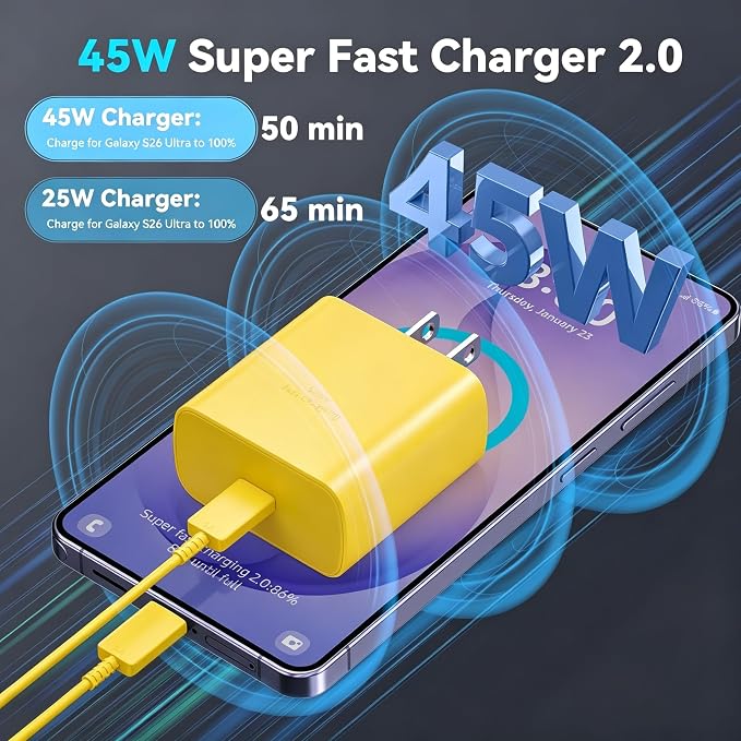 45W Super Fast Charger USB Type C Charger Cord 6.6FT with Android Phone Charger Fast Charging Block for Samsung Galaxy S26/S26 Ultra/S26+/S25/S25 Ultra/S25+/S24/S23/S22/S20/S21/Note 20/Note 10, Yellow - Image 2