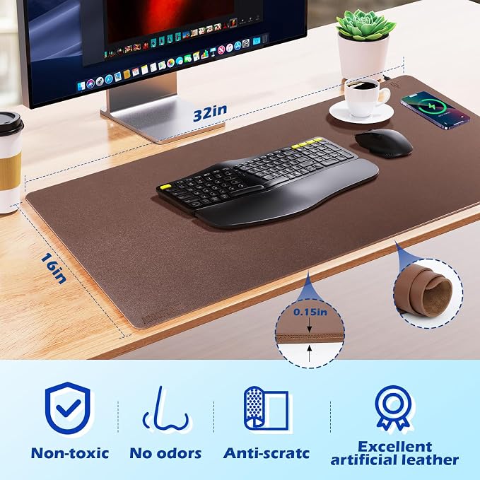 Wireless Charging Desk Mat, Mouse Pad, Brown-R, 32 * 16inch - Image 2
