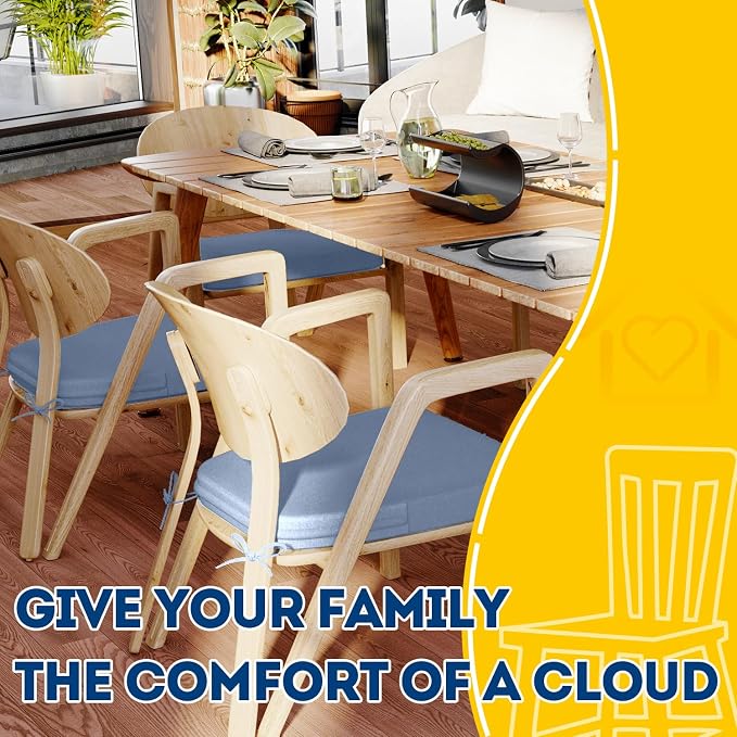 AAAAAcessories D-Shaped Chair Cushions, 2" Thick Dining Chair Pads with Ties and Removable, Machine-Washable Cover, 17" x 16", Set of 4, Light Blue - Image 6