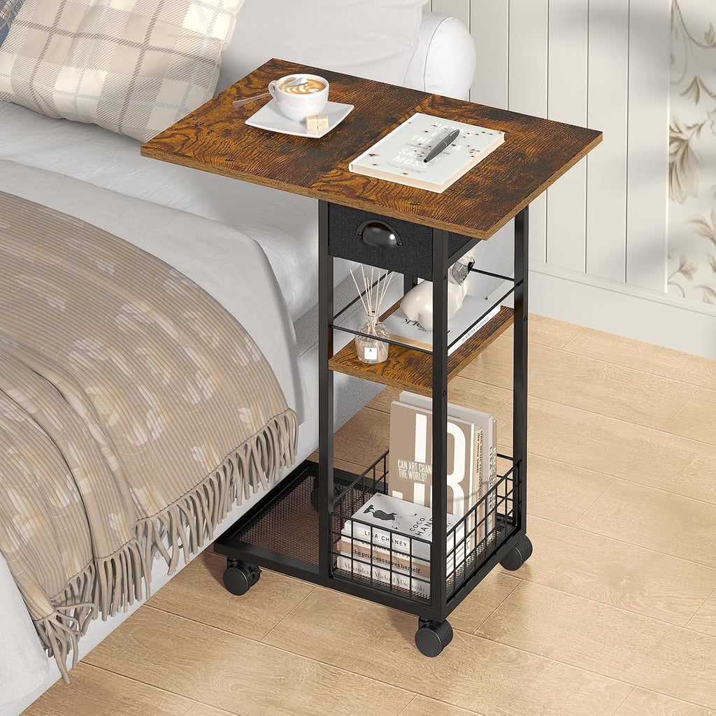 C Shaped End Table, TV Tray Table with Wheels, Drawer and Storage Basket - Image 2