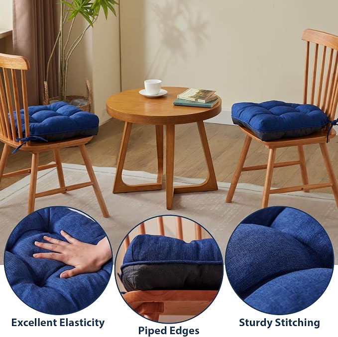 IASEAHK Chair Cushions for Dining Chairs, Seat Cushions for Kitchen Chairs, Indoor Seat Cushions with Ties, Tufted Foam Chair Pads, Non Slip Chair Cushions Set of 6, 15.5" x 15.5" x 4", Navy Blue - Image 5
