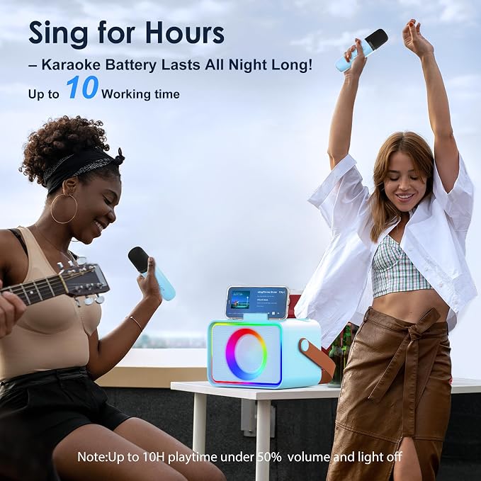 Karaoke Machine for Kids Adults,Portable Bluetooth Speaker with 2 Wireless Microphone with LED Lights, Karaoke Microphone with PA System Supports USB/TF/AUX,Gift for Party(Black) (Blue) - Image 6