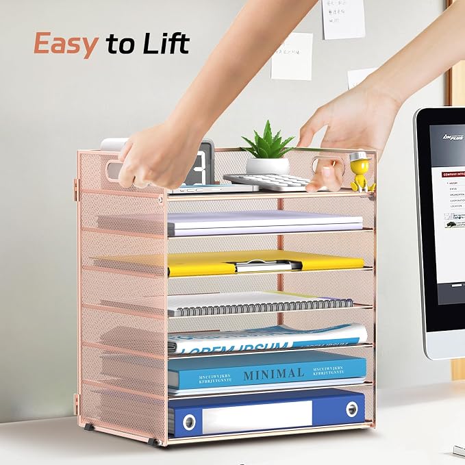 7 Tier Paper Organizer for Desk with Letter Trays and Handle Rose Gold | Desk File Organizer with Handle for Sorting Papers, Files, Folders, Mail, Bills and Office Supplies - Image 6