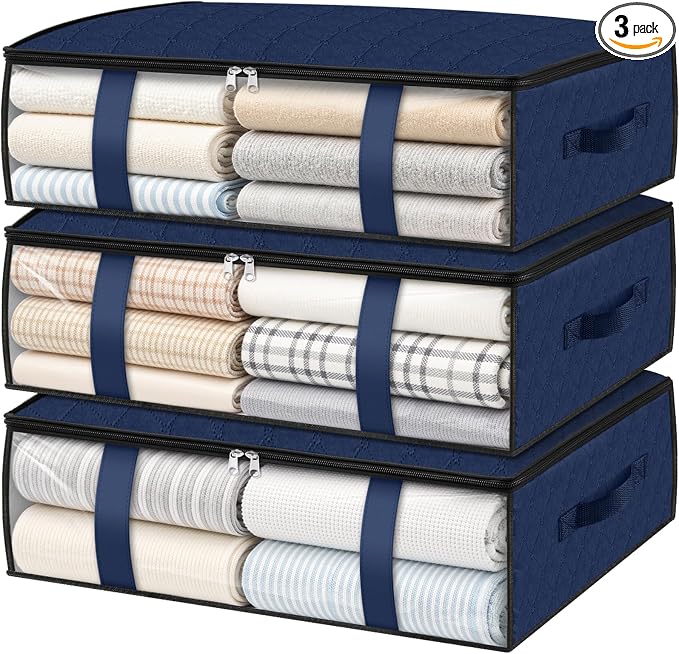 StorageRight Under Bed Storage Bags, 3 Pack, 40L, Blue | Breathable Non-Woven Fabric with a Clear Window and Zippered Top for Clothes, Comforters, Blankets and Seasonal Storage by StorageRight