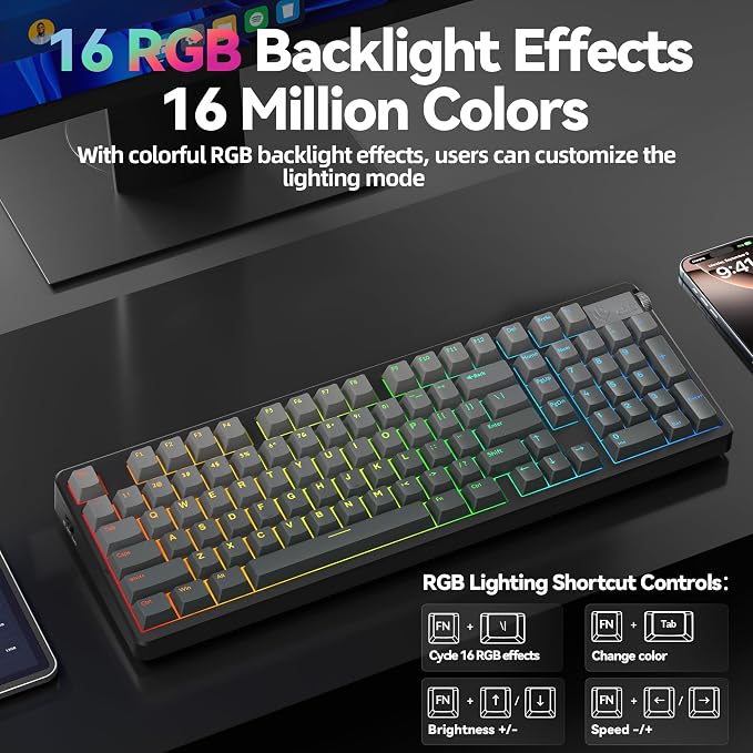 LEOBOG A98 Wireless Mechanical Keyboard, Tri-Mode BT5.0/2.4GHz/USB-C, Creamy Keyboard with Number Pad, Gasket Structure Hot Swappable, PBT Keycaps, RGB Backlit Black Gaming Keyboard with Knob for PC - Image 7