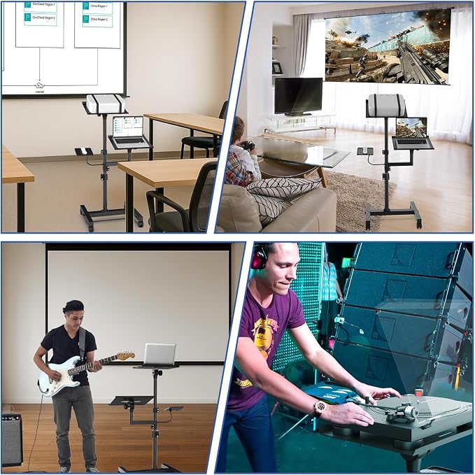 Projector Stand, 2 Shelves Mobile Laptop Cart with Adjustable 47" Height | top tray tilts 30°,4 quiet casters with 2 locks,sturdy H-beam steel frame,mouse tray included,for home,outdoor - Image 6