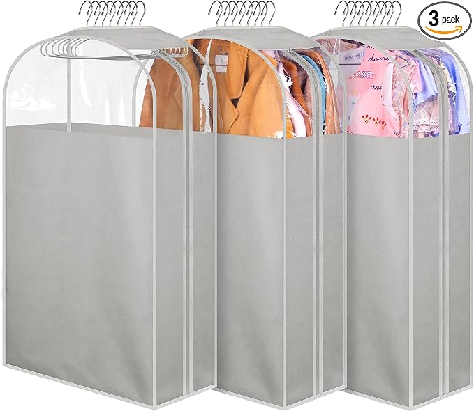 MISSLO 10" Gusseted Garment Bags for Hanging Clothes 32" Suit Bags for Closet Storage Clothing Covers for Shirts, Coats, 3 Packs, Grey by MISSLO