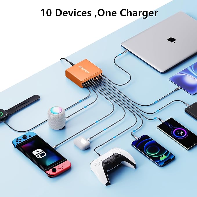 320W USB C Charger Block, MGRNPONY 10-Port GaN USB C Charging Station | PD 65W Laptop Fast Charger Adapter for MacBook Pro/Air, DELL, iPad, iPhone, Samsung Galaxy（Orange） - Image 4