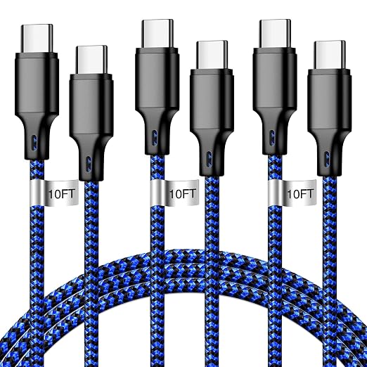 USB C to USB C Cable, 3 Pack 10ft Type C Fast Charger Cord (Blackblue) | Nylon Braided High-Speed Data Transfer Wire for iPhone 17/16/15 Plus/Pro Max iPad Air Ps5 Controller Samsung Galaxy by CUGUNU
