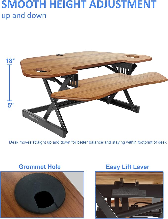 Rocelco 46" Height Adjustable Corner Standing Desk Converter with Anti Fatigue Mat Bundle - Quick Sit Stand Up Dual Monitor Riser - Computer Workstation - Teak Wood Grain (R CADRT-46-MAFM) - Image 2