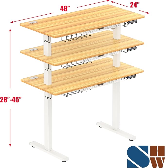 SHW 48-Inch Electric Height Adjustable Standing Desk w/Drawer, Oak | w/ Memory Presets and Cable Management | Drawer with adjustable compartments | Hanging Hooks - Image 3