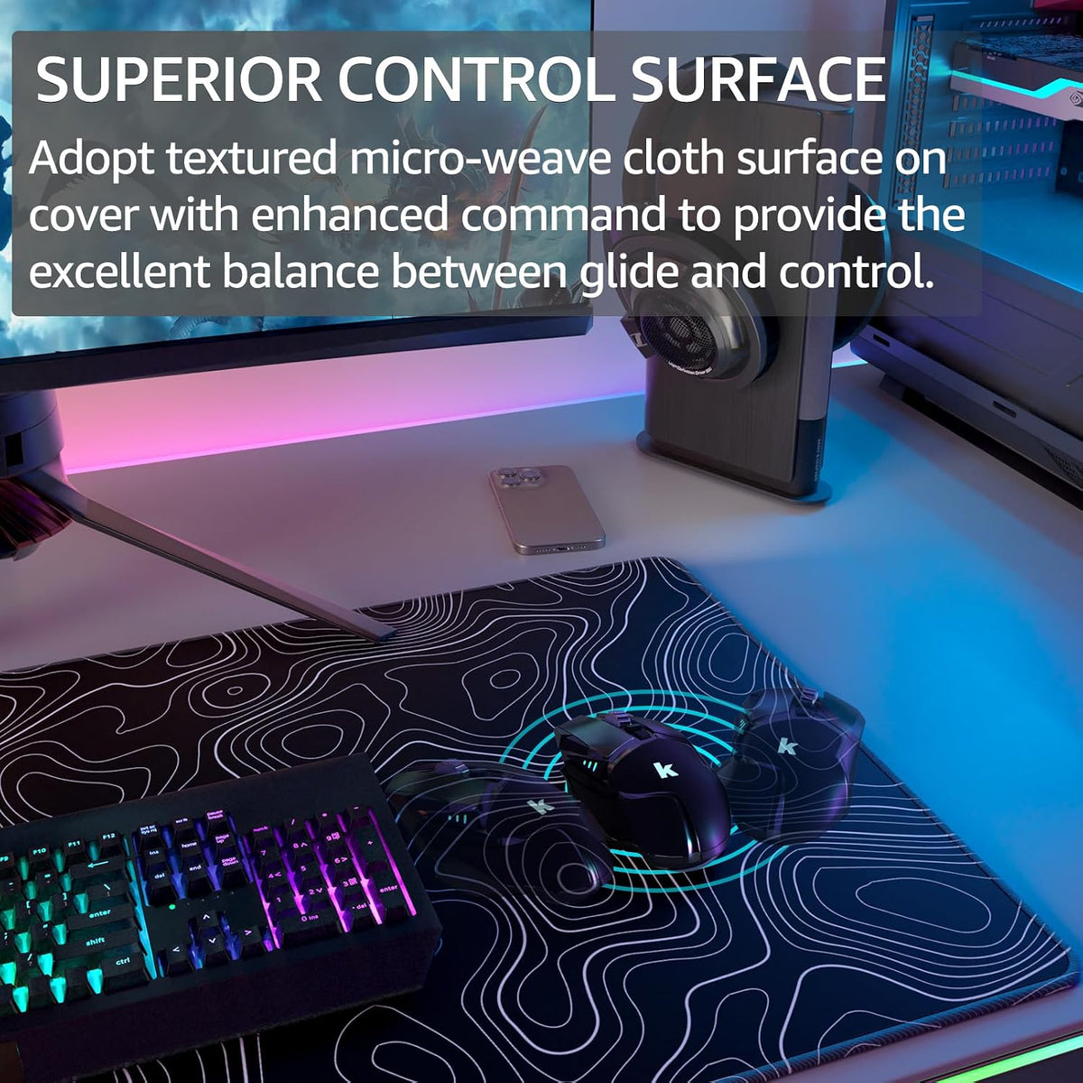 KTRIO Large Gaming Mouse Pad, 31.5 x 15.7 in, Black Topographic, XXL - Image 2