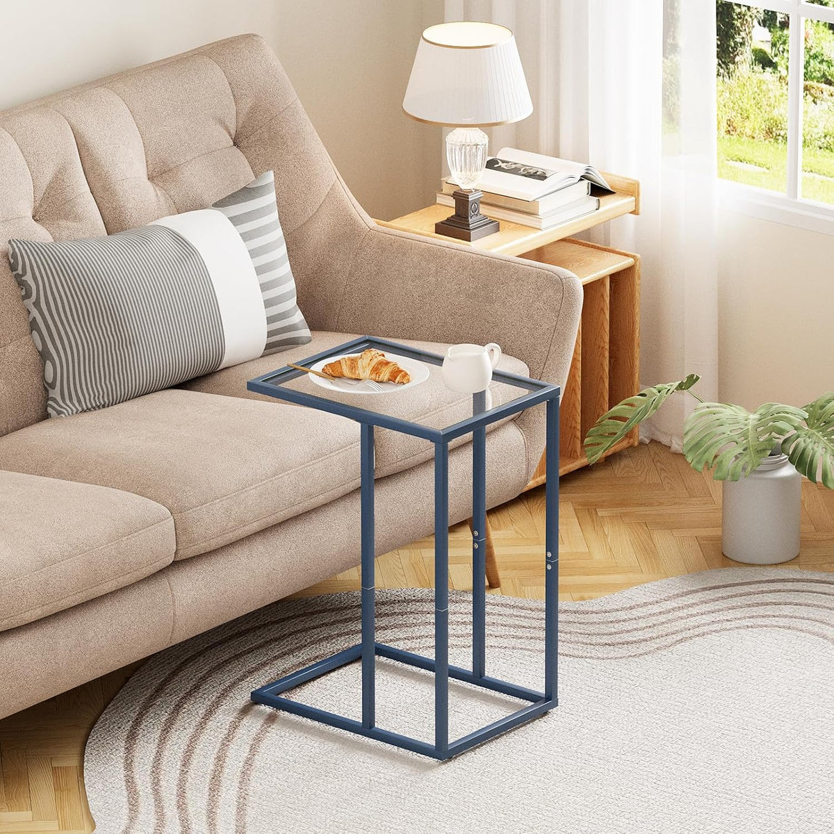 C Table End Table, Glass Couch Side Table, Tempered Glass Snack Side Table with Metal Frame, TV Tray Table for Small Space, Sofa Couch Side Tableand Bed Side Table(Blue) - Image 6