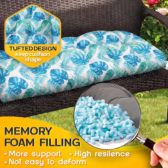MAGIC ELEPHANT Outdoor Bench Cushion, Memory Foam Loveseat Cushion for Patio Furniture Wicker Chair, Settee Porch Swing Seat Cushion, 44 x 19 Inches (Aqua Monstera) - Image 3