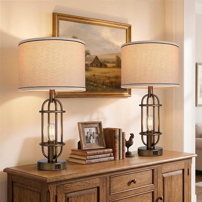 Reaketon Table Lamps for Living Room Set of 2, 22.3" Farmhouse Lamps for Nightstand, Industrial Table Lamps for Bedroom with USB Ports - Image 6