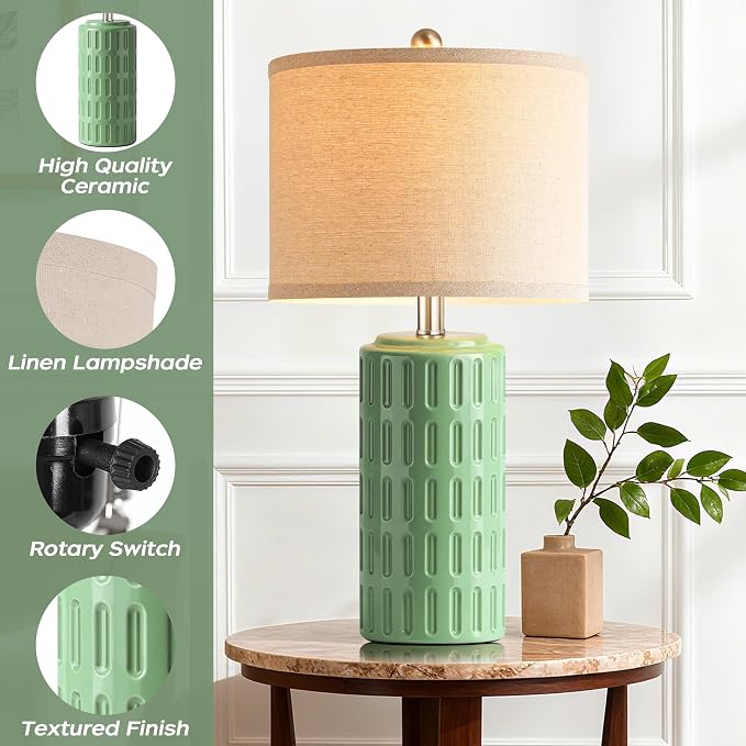 23" Farmhouse Modern Ceramic Table Lamp Set of 2 - Sage Green Bedside Lamps for Bedroom & Living Room, Nightstand, Desk, End Table - Image 4