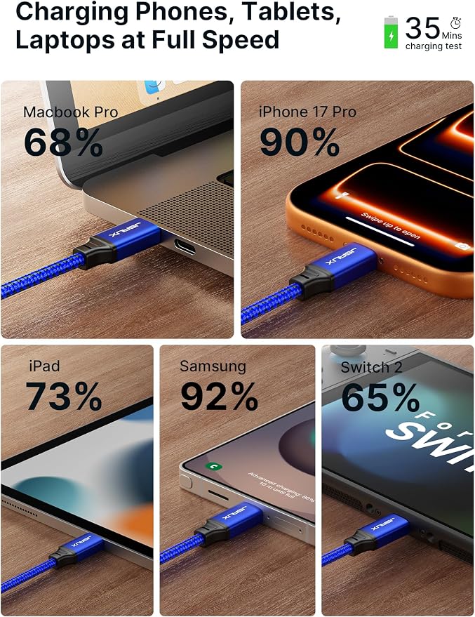 JSAUX 100W USB C to USB C Cable [2-Pack 3.3FT], PD Fast Charging, Blue | 100 Watt Fast Charger, Braided Type-C Cords for iPhone Air/17e/17/16/15 Series, Galaxy S/Note Series, MacBook and iPad - Image 5