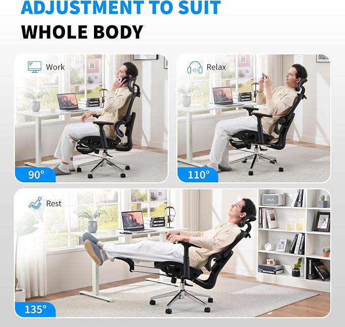 Mesh Ergonomic Office Chair with Footrest, Black | High Back, Lumbar Support, Adjustable Headrest and Armrests, Gaming Chair,Home Office Desk Chair - Image 7