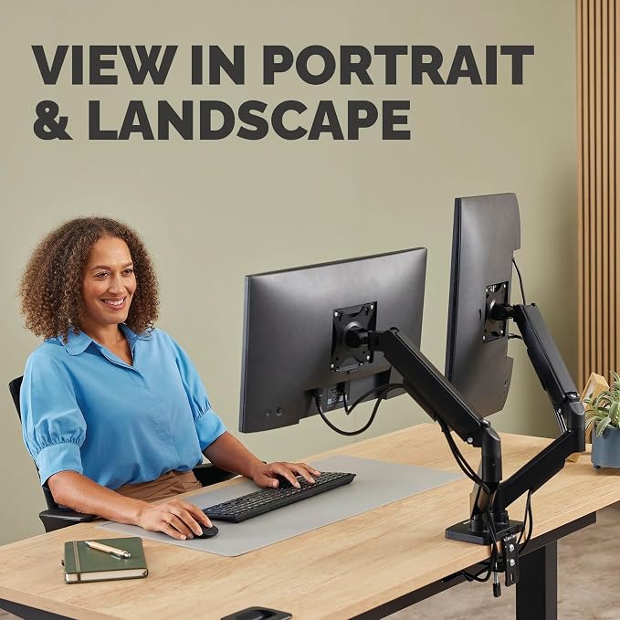 Fellowes Everyday Plus Dual Gas Spring Monitor Arm Holds Two Screens up to 32" Weighing 4.4-19.84 lbs ea, Height Adjusting, Tilt, Swivel, Rotate, VESA 75/100, Clamp or Grommet Mount, Cable Management - Image 4