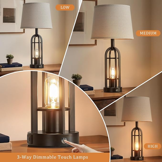 SRJJA 24" Table Lamps for Living Room Set of 2, Farmhouse Industrial 3-Way Dimmable Touch Bedside Lamps with USB A+C for Bedroom Nightstand，4 Bulbs Included - Image 2