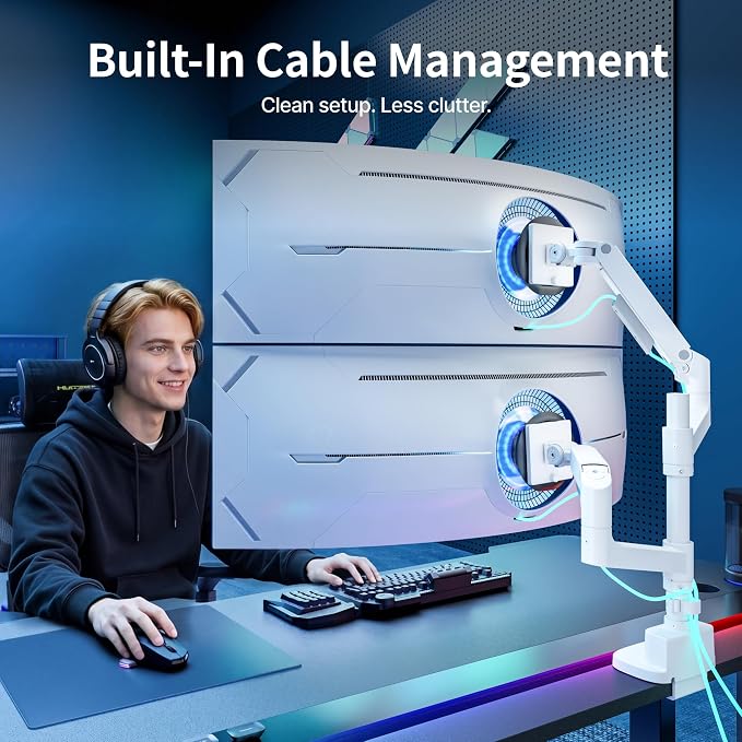 Dual Monitor Arm for 17”-49“Ultrawide Monitors, White | Heavy Duty Dual Monitor Mount Holds 44 lbs - Image 7
