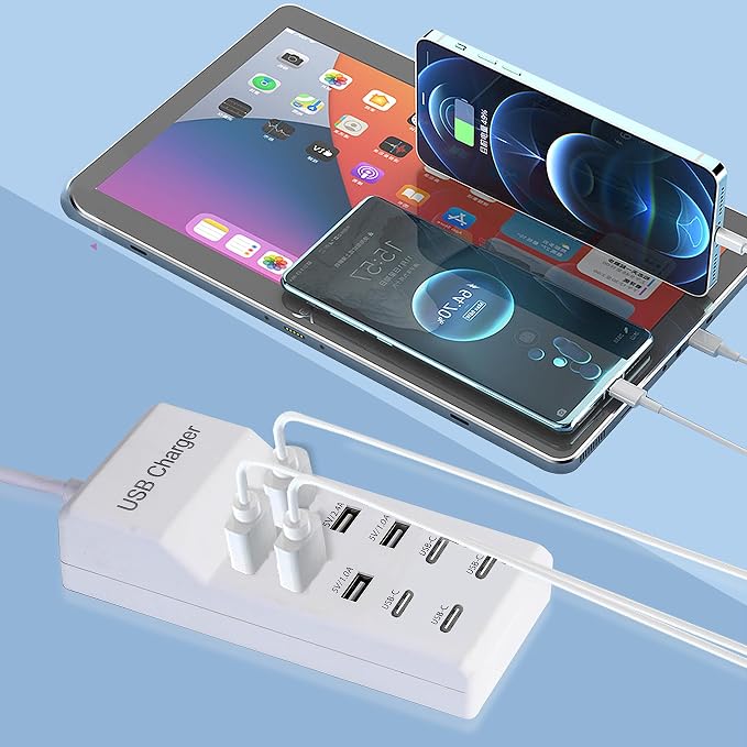 USB Charger,50W USB Charging Station with 10-Port (6 USB-A Port & 4 USB-C Port) Compatible with iPhone 15/14/13/13pro Max 12/12 Mini/12Pro/12 Pro Max/11,Tablets, Smartphones White | Desktop Charging Station - Image 2