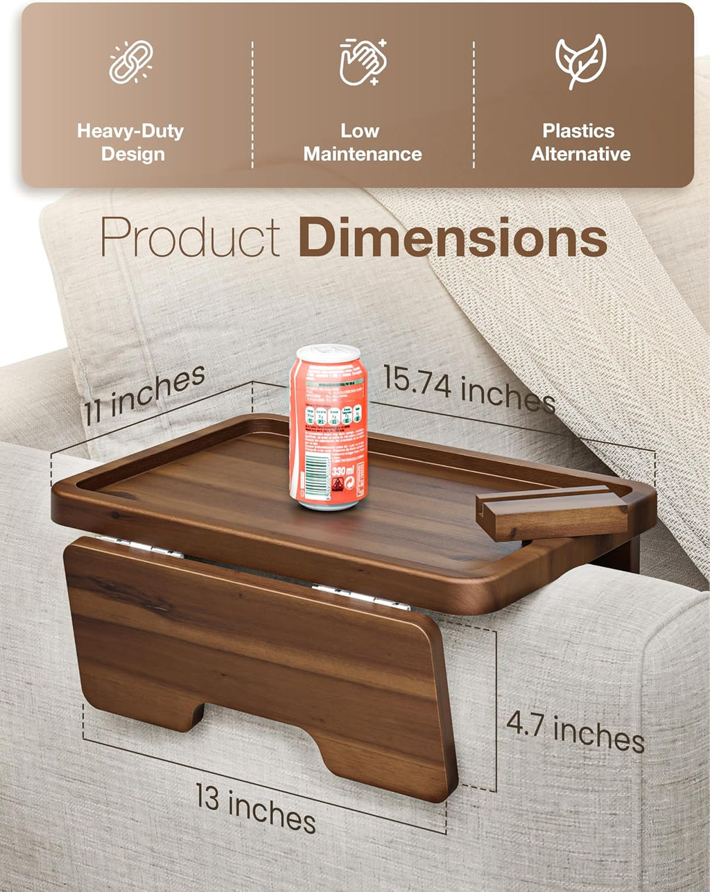 15.75" Acacia Couch Armrest Table with Phone Holder, Walnut Color - Image 2