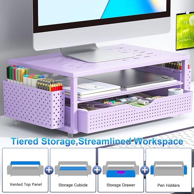 gianotter Desk Organizers and Accessories, Monitor Stand with Drawer and 2 Pen Holder, Purple Desk Accessories, Computer Stand Suitable for Offices and Dormitories (Purple) | Monitor Riser Computer Stand Desk Organizers and Accessories Desktop Organize... - Image 3