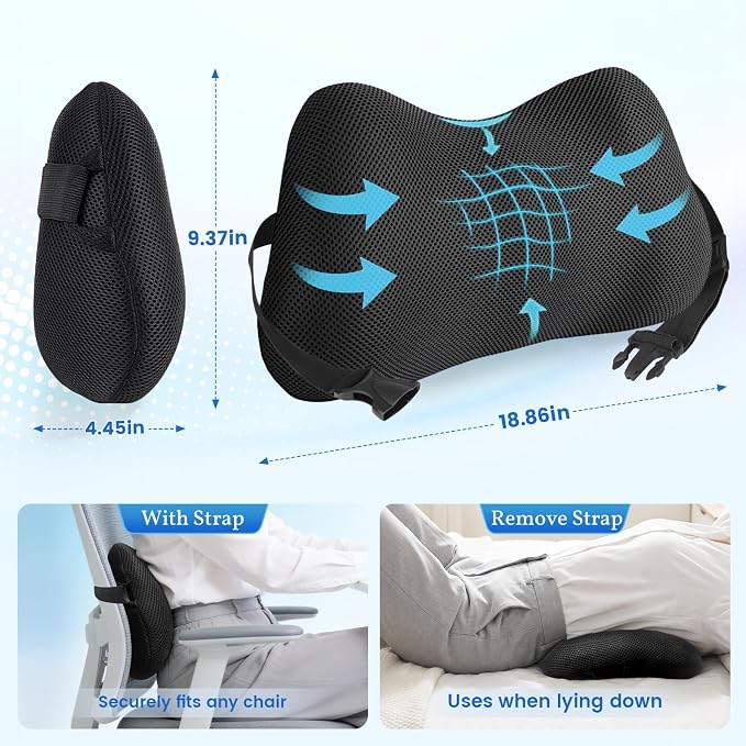 Lumbar Support Pillow, Memory Foam Back Cushion for Office Chair Car, Black | Ergonomic Lower Back Support with Adjustable Strap, Breathable Removable Cover for Couch, Wheelchair and Daily Comfort - Image 4