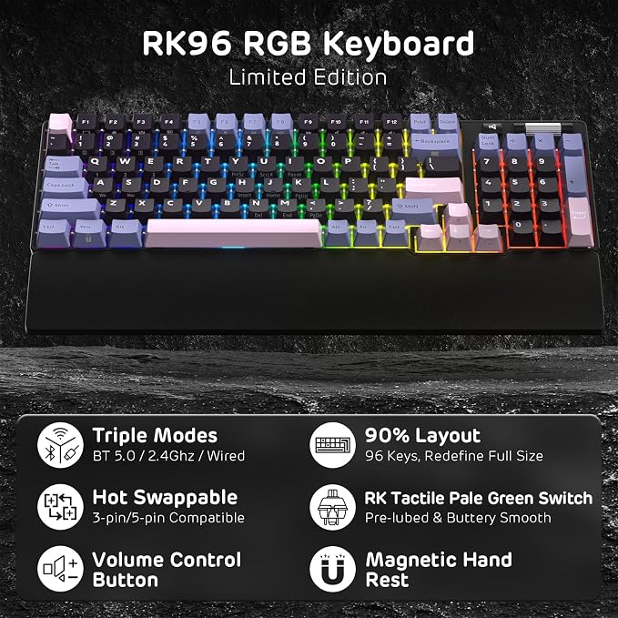 RK ROYAL KLUDGE RK96 RGB Wireless Mechanical Gaming Keyboard w/Wrist Rest | 90% 96 Keys Hot Swappable Mechanical Keyboard, 3-Mode BT5.0/2.4G/USB-C, Volume Control, Software Support & Massive Battery - Image 2
