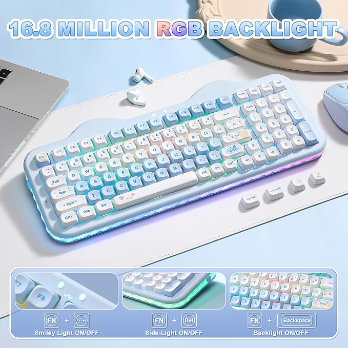 YUNZII C98 Cute Cake Wireless Mechanical Keyboard(Blue, Milk Switch) | 99 Keys with Number Pad, Hot Swap, PBT MOA Keycaps, BT5.0/2.4G/USB-C, Gasket Mount, Custom RGB Backlit for Win/Mac - Image 7