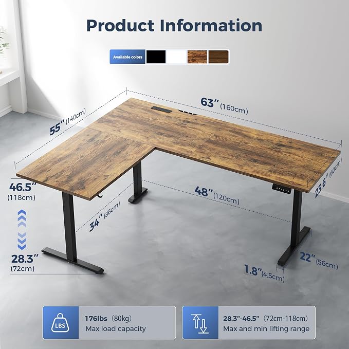 Klicelor L Shaped Standing Desk 63 x 55 Inch,Electric Height Adjustable Corner Desk with Cable Management & Power Outlets, Ergonomic Sit Stand Up Computer Table for Home Office,Rustic Brown - Image 3