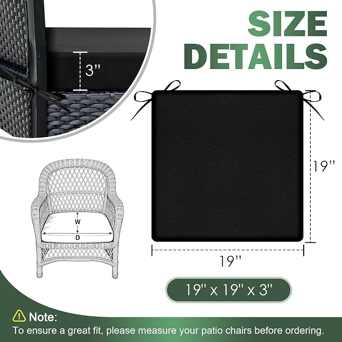 Outdoor Chair Cushions Set of 2, 19x19x3 Inch Waterproof & Fade Resistant Patio Furniture Seat Cushions with Ties, Square Outdoor Dining Chair Cushions for Lawn, Garden, Deck & Yard, Black - Image 2