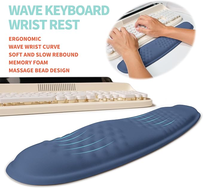 2-in-1 Ergonomic Set, Wave Rise Keyboard Wrist Rest and Massage Bulge Slope Mouse Pad Wrist Support, Cushion Memory Foam Integrated to Relieve Wrist Pain, Dark Blue - Image 2