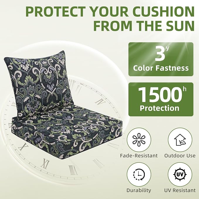 Favoyard Outdoor Deep Seat Patio Cushions Set, 24" x 24", Rainproof, Garden | Fade Resistant, Removable Bottom & Back Cushion, Tie Straps for Patio Furniture, Rocking Chair, Sofa Couch, Green Floral - Image 6
