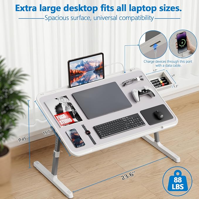 Potuopy Adjustable Lap Desk,Large Smooth Easy-Clean Wood Grain Desktop,Foldable Laptop Bed Tray Table with Storage Drawer,Portable Laptop Stand Fits 17" Laptop for Bed Couch Floor (Light Gray) - Image 2