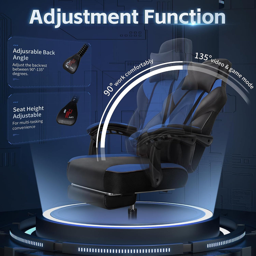 Gaming Chairs for Adults, Computer Chair with Footrest and Ergonomic High Back, Big and Tall Gamer Chairs with Massage Lumbar Support, 360° Swivel Height Adjustable Gaming Chair, Blue - Image 5