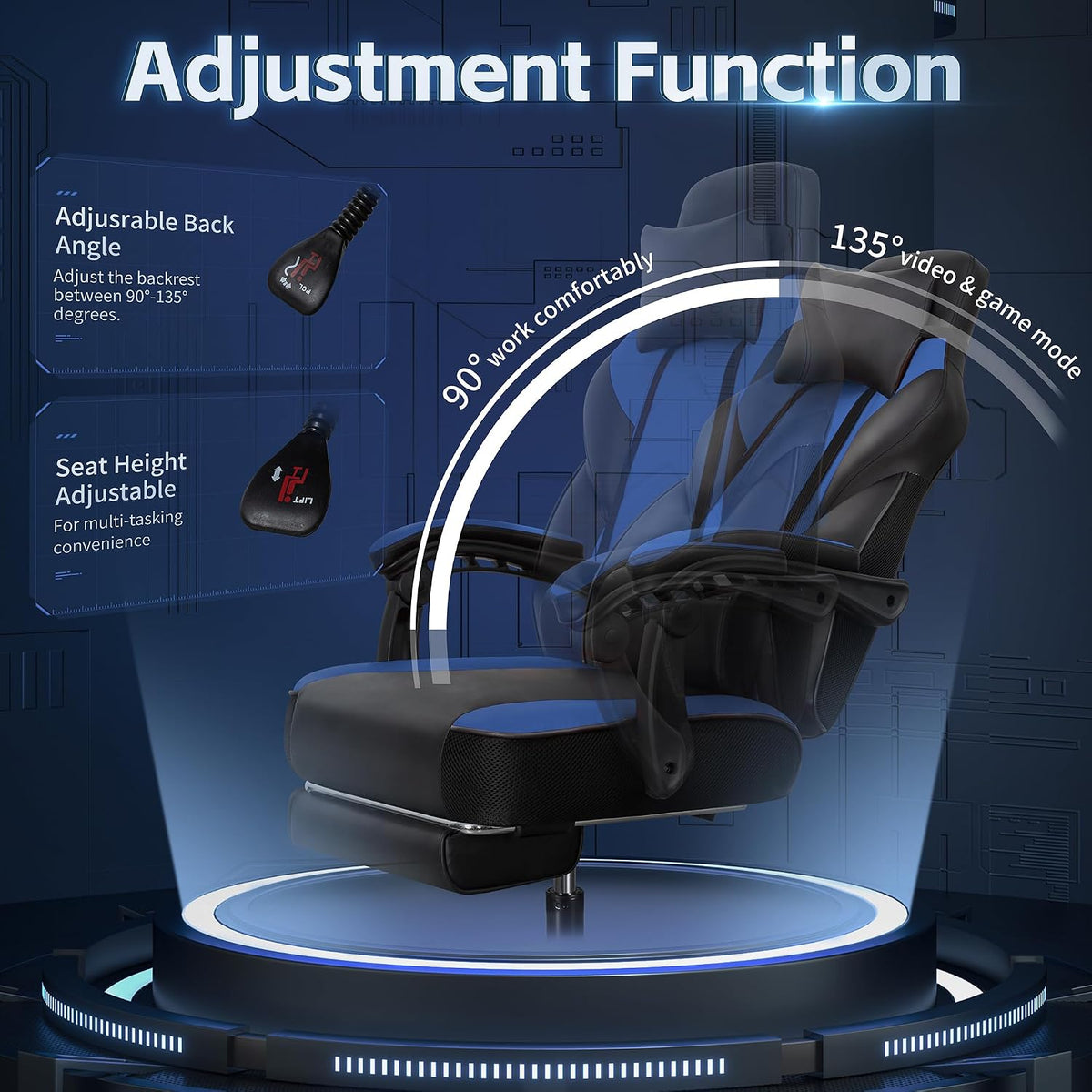 Gaming Chairs for Adults, Computer Chair with Footrest and Ergonomic High Back, Big and Tall Gamer Chairs with Massage Lumbar Support, 360° Swivel Height Adjustable Gaming Chair, Blue - Image 5