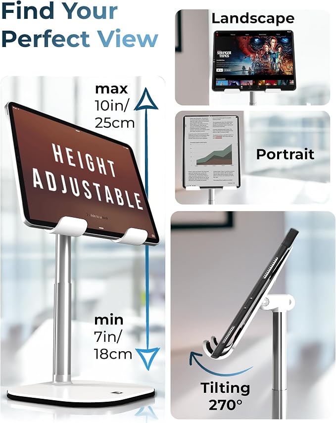 COOPER TabHolder Tablet Holder, iPad Stand for Desk, Portable Monitor Stand | Height Adjustable, 270° Tilt, Weighted Base; Fits iPad Pro, Kindle, Galaxy Tab, 15.6-17" Monitors 4.4 lbs; desk, kitchen, bed - Image 3
