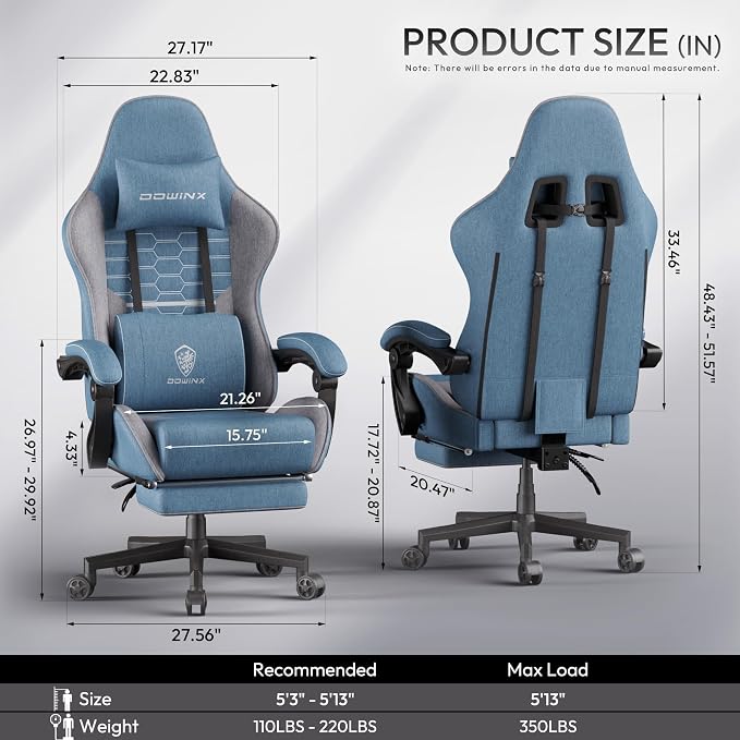 Dowinx Gaming Chair Fabric Big and Tall with Pocket Spring Cushion, Massage Game Chair Cloth with Headrest, Ergonomic Computer Chair with Footrest 350LBS - Image 3