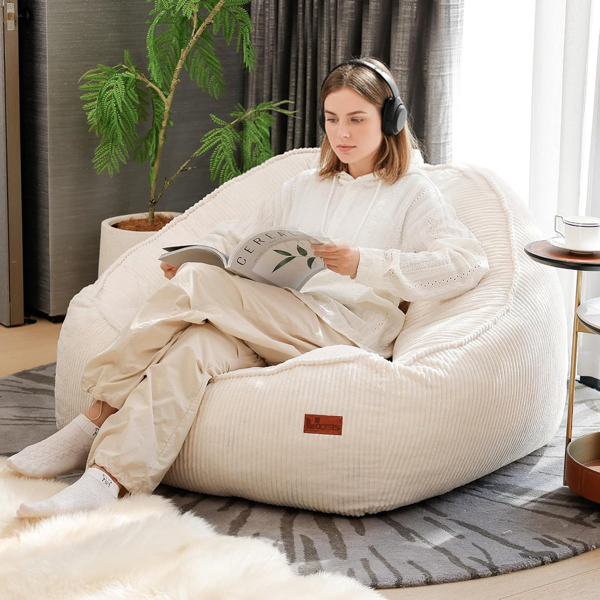 Giant Bean Bag Chair for Adults, Teens and Kids, Cozy Fluffy Corduroy Beanbag Chair with Filler, Large Floor Lounge Sofa for Living Room, Bedroom, Dorm, Gaming and Reading(L-Eggshell) - Image 6
