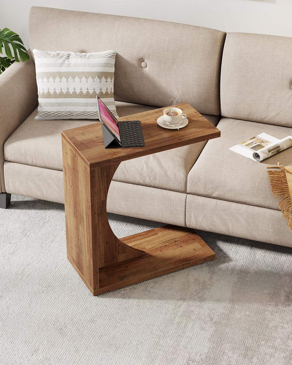 Tribesigns C-Shaped End Table for Couch, Sofa Side Table, C Table for Small Space, Living Room, Bedroom (1, Walnut Brown) by Tribesigns
