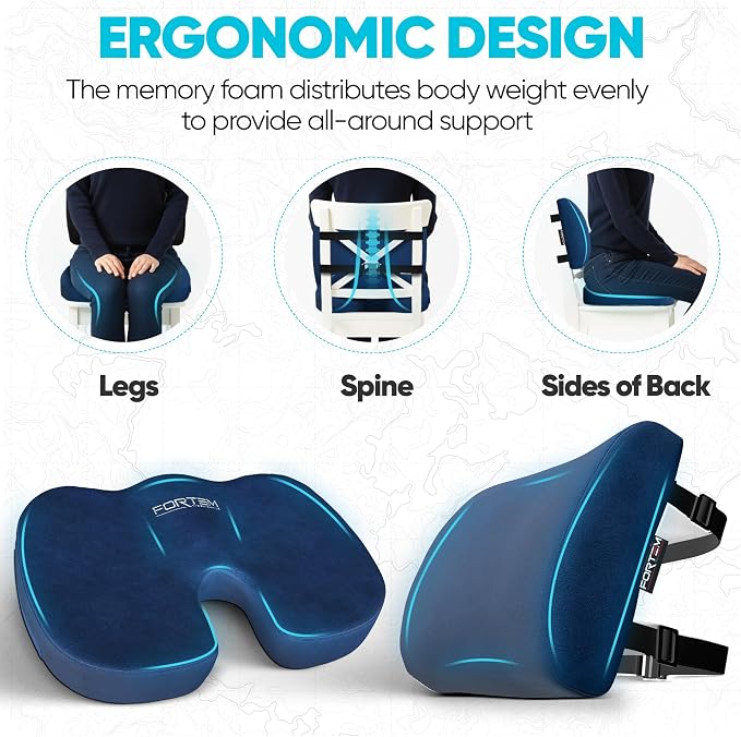 FORTEM Seat Cushion & Lumbar Support for Office Chair, Wheelchair, Car | Memory Foam | Ergonomic Design | Washable Cover | Non Slip | Blue - Image 6