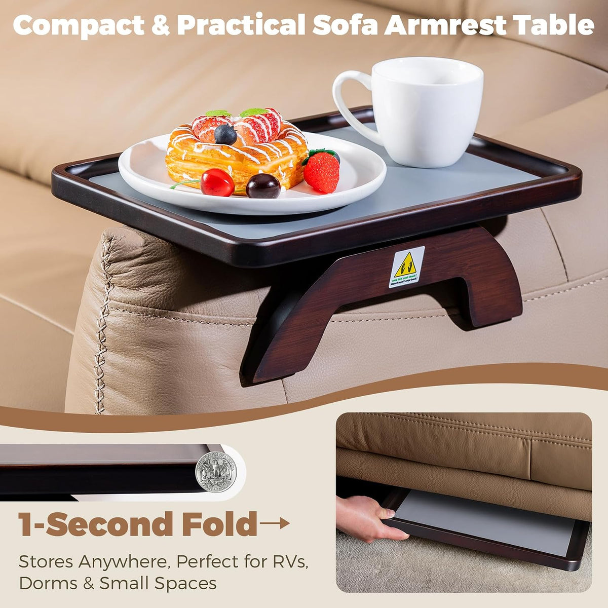 Couch Armrest Table, Foldable Bamboo Sofa Arm Tray for Couch with a Non-Slip Pad, Clip On Couch Arm Table for Remotes/Eatting/Drinks, Fits Sofa Armrest 3.5"-13.5" Brown - Image 4