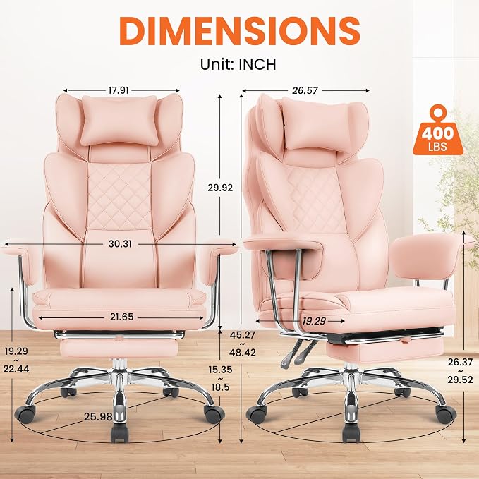NEO CHAIR Big & Tall Leather Office Chair, High Back, Lumbar Support, Pink | Gaming Chair for Adults and Computer Use, Reclining Office Chair with Foot Rest, Massage, Comfy Design and Heavy Duty Support - Image 3