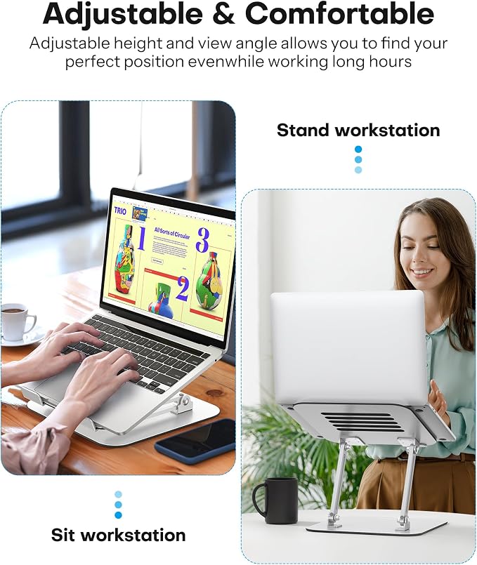 OMOTON Laptop Stand, Adjustable Metal Foldable Riser 10-17.2", Silver | Ergonomic Cooling Laptop Holder, Height Adjustable to 270mm for Sit-Stand, Portable Travel - Image 2