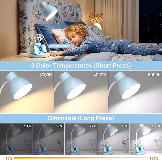 10W Wireless Charging LED Desk Lamp with Pen Holder, CRI 95, Blue | 800LM, 3 Modes, 360°Flexible Arm, Touch, Brightness, Table Lamp for Home Office, Dorm, Bedside, Study, Reading, with Adapter - Image 3