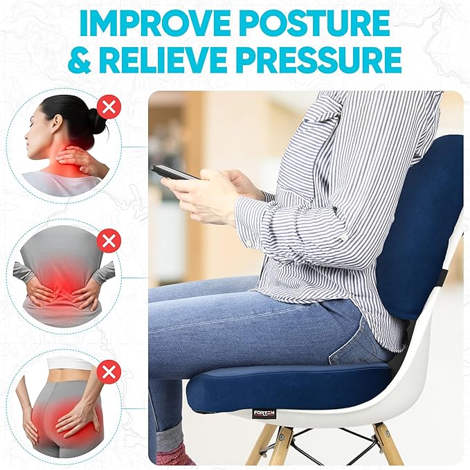 FORTEM Seat Cushion & Lumbar Support for Office Chair, Wheelchair, Car | Memory Foam | Ergonomic Design | Washable Cover | Non Slip | Blue - Image 8