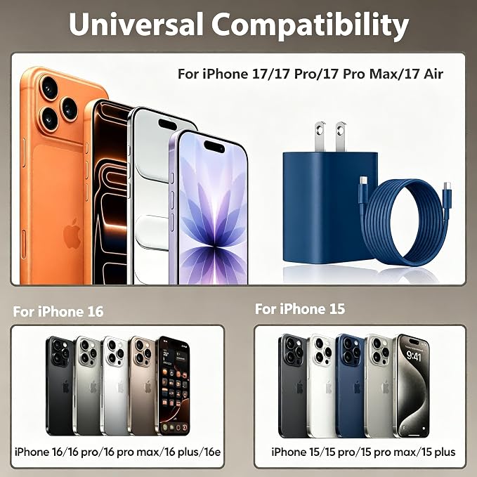 Phone 17 16 15 Charger Fast Charging, 10 FT Long USB C Charger Cord with 20W Type C Fast Phone Charging Block forPhone 17/17 Pro/17 Pro max/Air/Phone 16 15 Pro Max Plus, Android,Dark Blue - Image 5