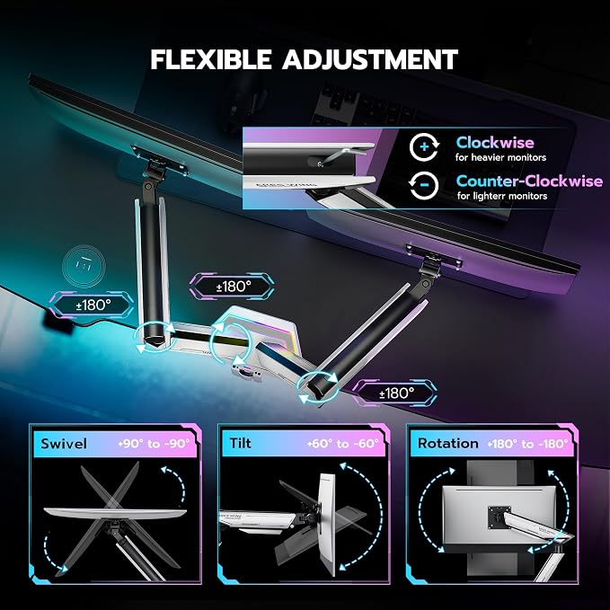 ARES WING RGB Dual Monitor Arm Desk Mount for 17-38 inch Monitors, White | Heavy Duty Dual Monitor Stand Holds 35.2 lbs, Adjustable Ultrawide Monitor Arm with Clamp & Grommet Base, 75/100 VESA - Image 4
